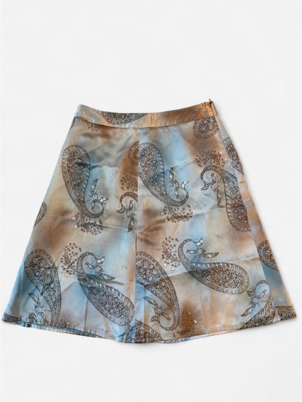 A-Line Paisley Print Satin Skirt in Blue-Grey
